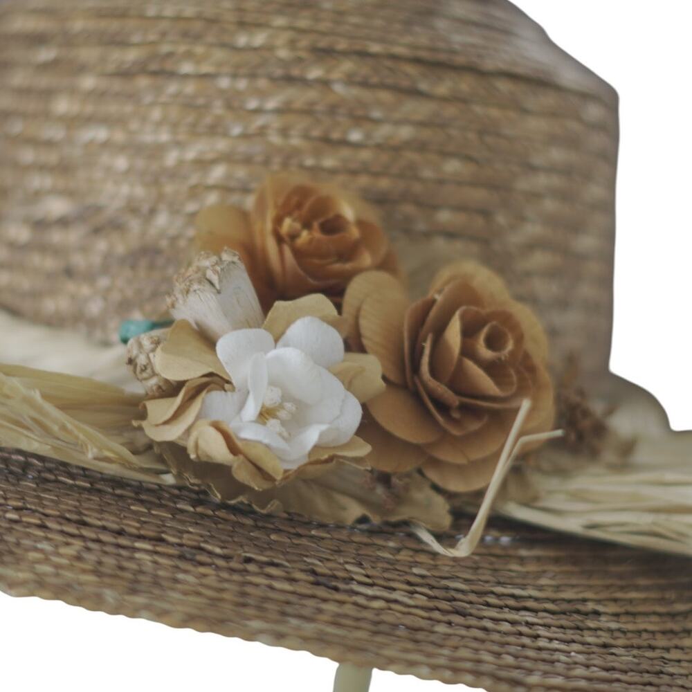Vintage Straw Hat Wide Brim Floral Raffia Garden Party Derby Women 22 Inch - Picture 6 of 10